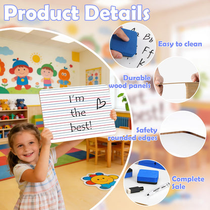 Dry Erase Boards 32 Pack, 9"x12" Double Sided Small Whiteboards with Lines for Kids, Students, Teacher & Classroom Pack, Mini Individual White Boards Lined for Writing Math English Practice