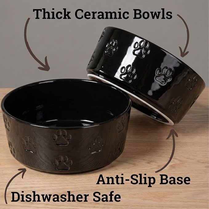 Ceramic Dog Bowl Set of 2 with Anti-Skid Base - 6.5" Wide x 2.5" Tall Ceramic Dog Bowls Medium Sized Dogs - 3.8 Cup Capacity Food and Water Bowls for Dogs - Rubber Bottom Pet Bowl Set of 2 Medium Size