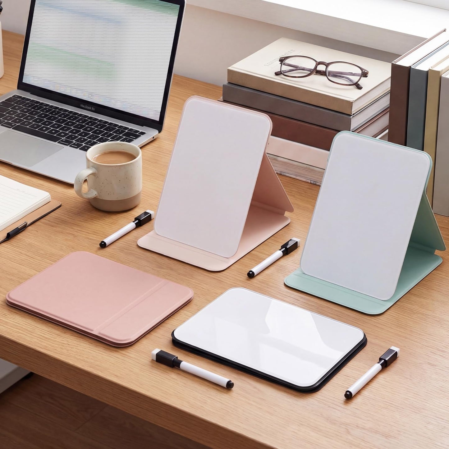 Dunzoom 4 Sets 8 Pcs Small Glass Desktop Whiteboard with Reversable Stand 8x6 Inch Mini Dry Erase White Board Easel with 2 Markers Reusable Desk Notepad for Home Office School Supplies (4 Colors)