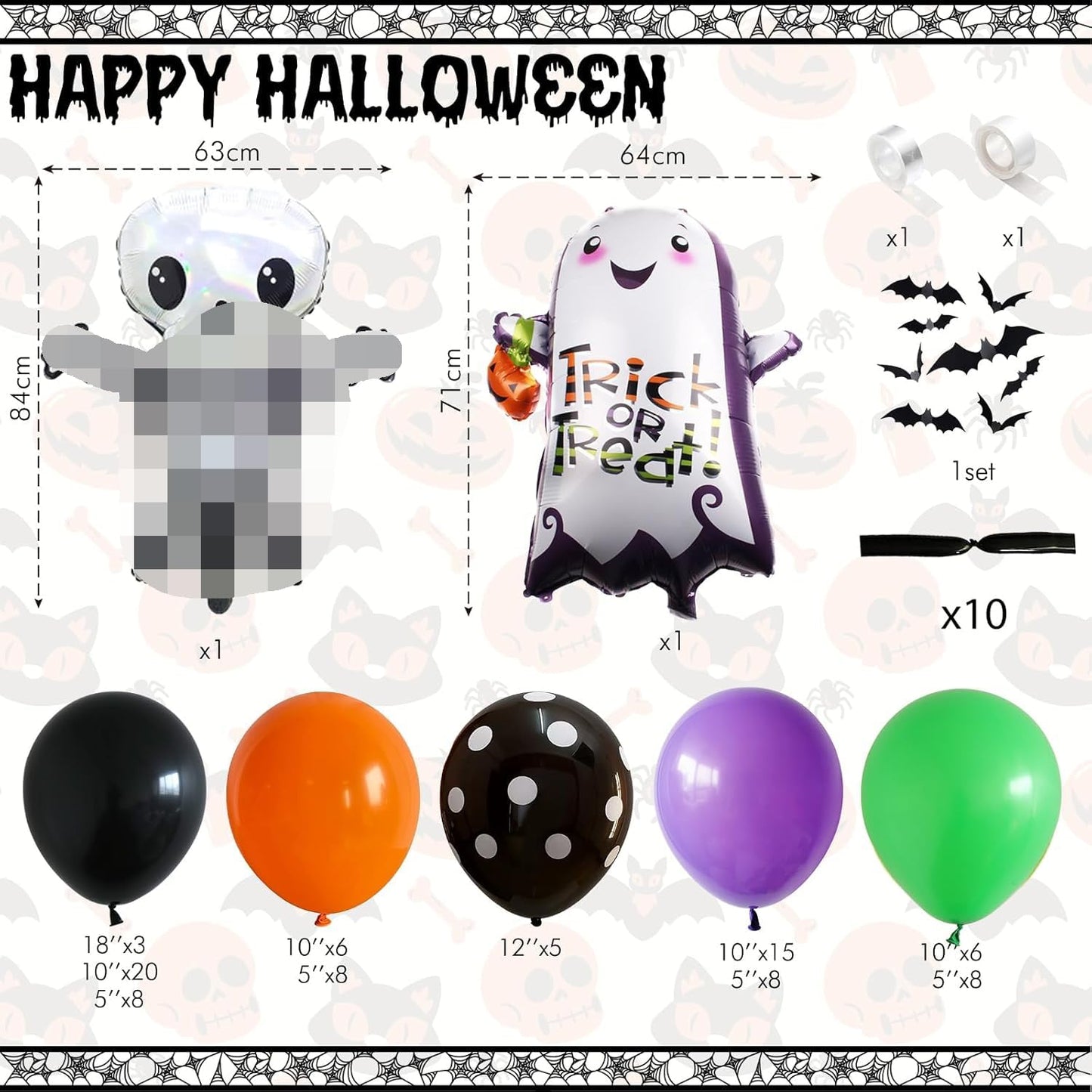 Halloween Balloon Arch Garland Kit, Purple and Black Balloons with 3D Bat Stickers, Big DIY Spider Balloon, Ghost Skull Foil Balloons Green Orange Balloon for Halloween Party Decorations Supplies
