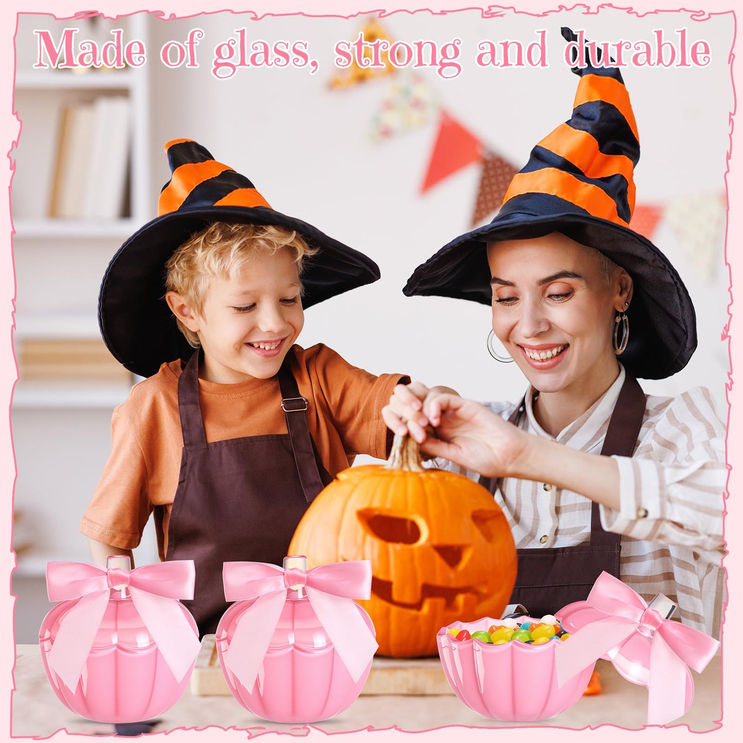 Mimorou 4 Set 4 Set Thanksgiving Candy Bowl with Lids Pink Glass Pumpkin Candy Jar with Bow for Thanksgiving Day Table Centerpiece Decoration