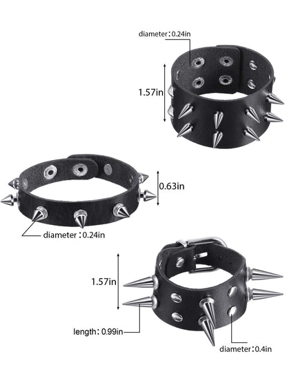 Hicarer 9 Pcs Spiked Studded Bracelet Black Leather Rivet Punk Bracelet Y2k Cuff Wrap Bangle Snap Button Wristband Men Women(Classic Style)