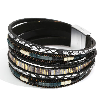 Fesciory Leather Wrap Bracelets for Women, Boho Leopard Multi-Layer Crystal Beads Cuff Bracelet Jewelry (Boho Braid(Black))