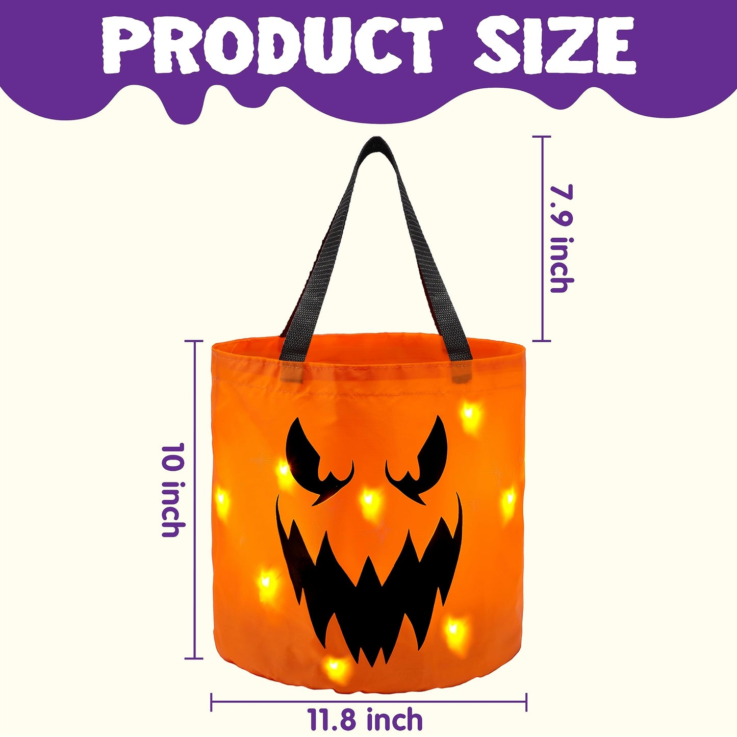 JOYIN 2 PCS Halloween Trick or Treat Bags 10 x 11.8 inches LED Light Orange Pumpkin Buckets Reusable Goody Candy Bucket Trick or Treating, Halloween Birthday Party Favor Supplies