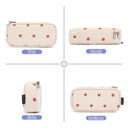 FlowFly Large Capacity Pencil Case for Kids, Boys & Girls – Zippered Multi-Functional Pen Pouch, Soft & Portable Pencil Bag for School, Teens, Students, Corduroy Strawberries Beige