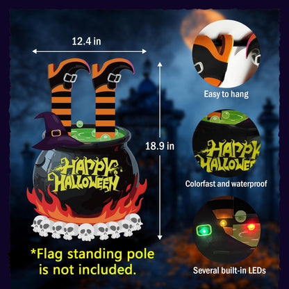 GOAUS Halloween LED Garden Flag Light Up Solar Powered, Witch Cauldron Decorations Outdoor, Double Sided Oxford Decorative Flag for Lawn Yard Outside Decor, 12x18 Inches