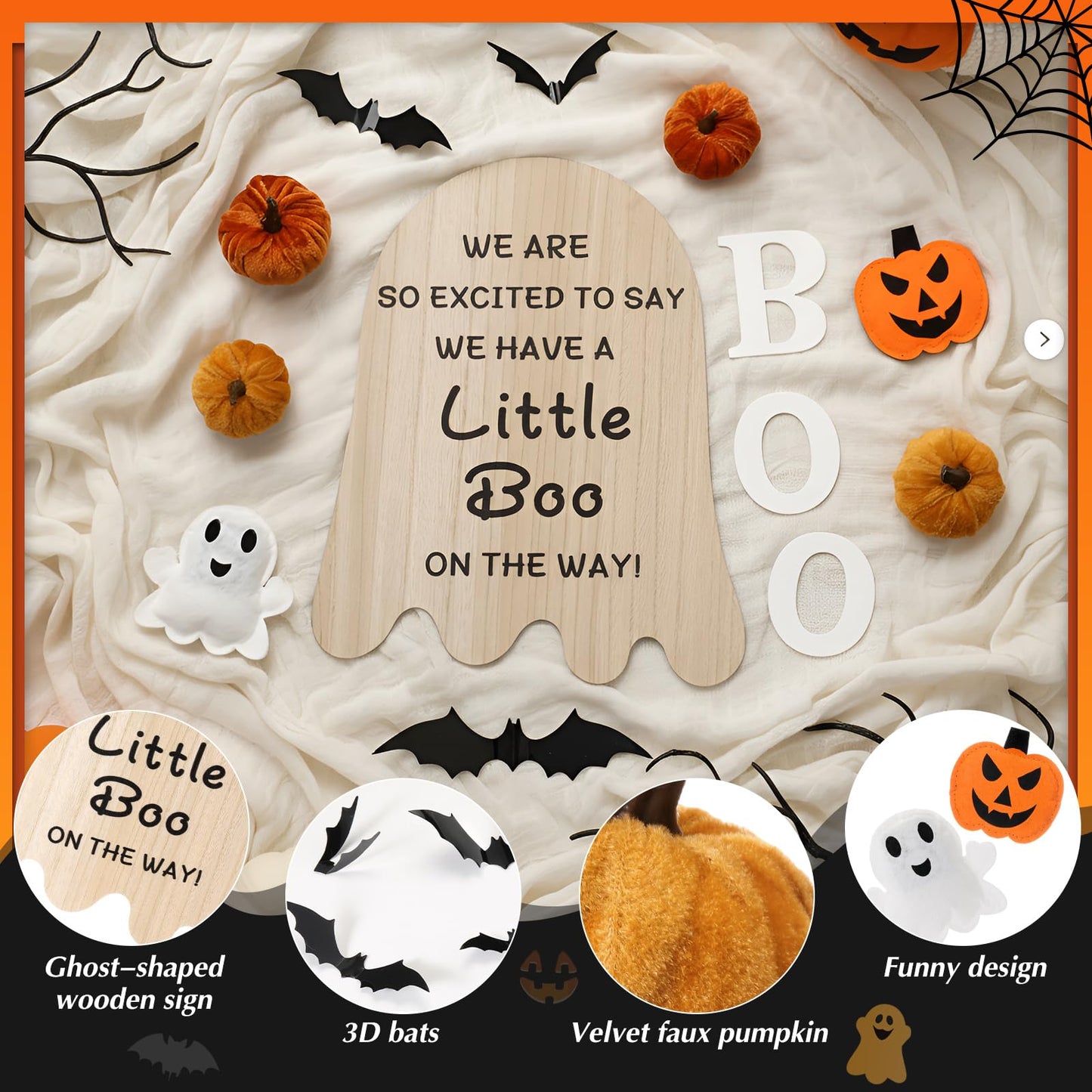 Fiwochic 22 Pcs Fall Pregnancy Announcement Set Fall Thanksgiving Baby Reveal Idea Include "we Have a Little Boo" Wooden Ghost Shape Sign Velvet Pumpkin 3D Bat Felt Ghost Pumpkin for Baby Shower Party