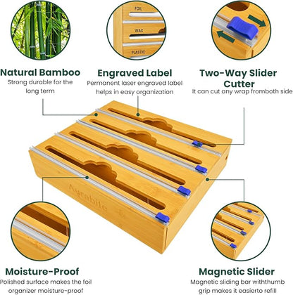 Bamboo 4 in 1 Saran Wrap Dispenser with Cutter & Labels - Foil & Plastic Wrap Organizer - Aluminum Foil Wax & Parchment Wrapping Paper Storage for Kitchen Drawer - 12" Roll