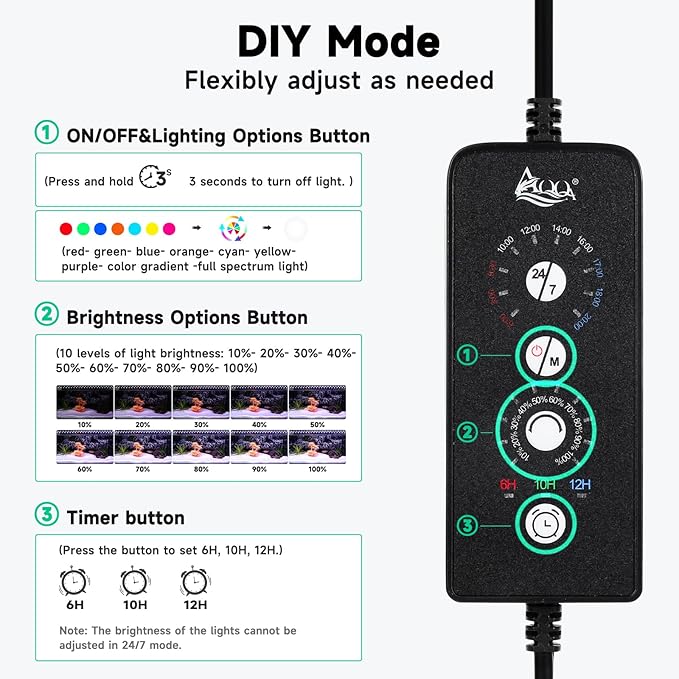 AQQA LED Aquarium Light, 24/7 Mode IP68 Waterproof Extendable Bracket Fish Tank Light, DIY Mode Full Spectrum Aquarium Plant Light, Adjustable Timer/Brightness Memory Function for 48-55 Inch Fish Tank