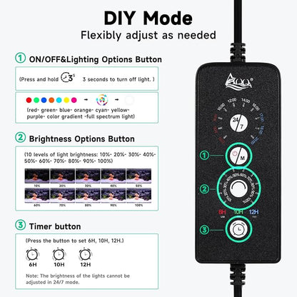 AQQA LED Aquarium Light, 24/7 Mode IP68 Waterproof Extendable Bracket Fish Tank Light, DIY Mode Full Spectrum Aquarium Plant Light, Adjustable Timer/Brightness Memory Function for 48-55 Inch Fish Tank