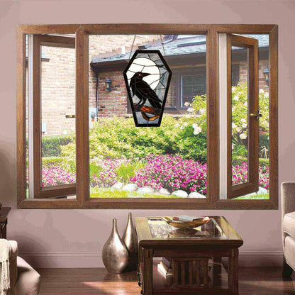 Bieye W12001 Gothic Raven Stained Glass Window Panel, Tiffany Style Hanging Suncatcher for Halloween Decor (Dark Blue, 16" H Coffin-shaped)