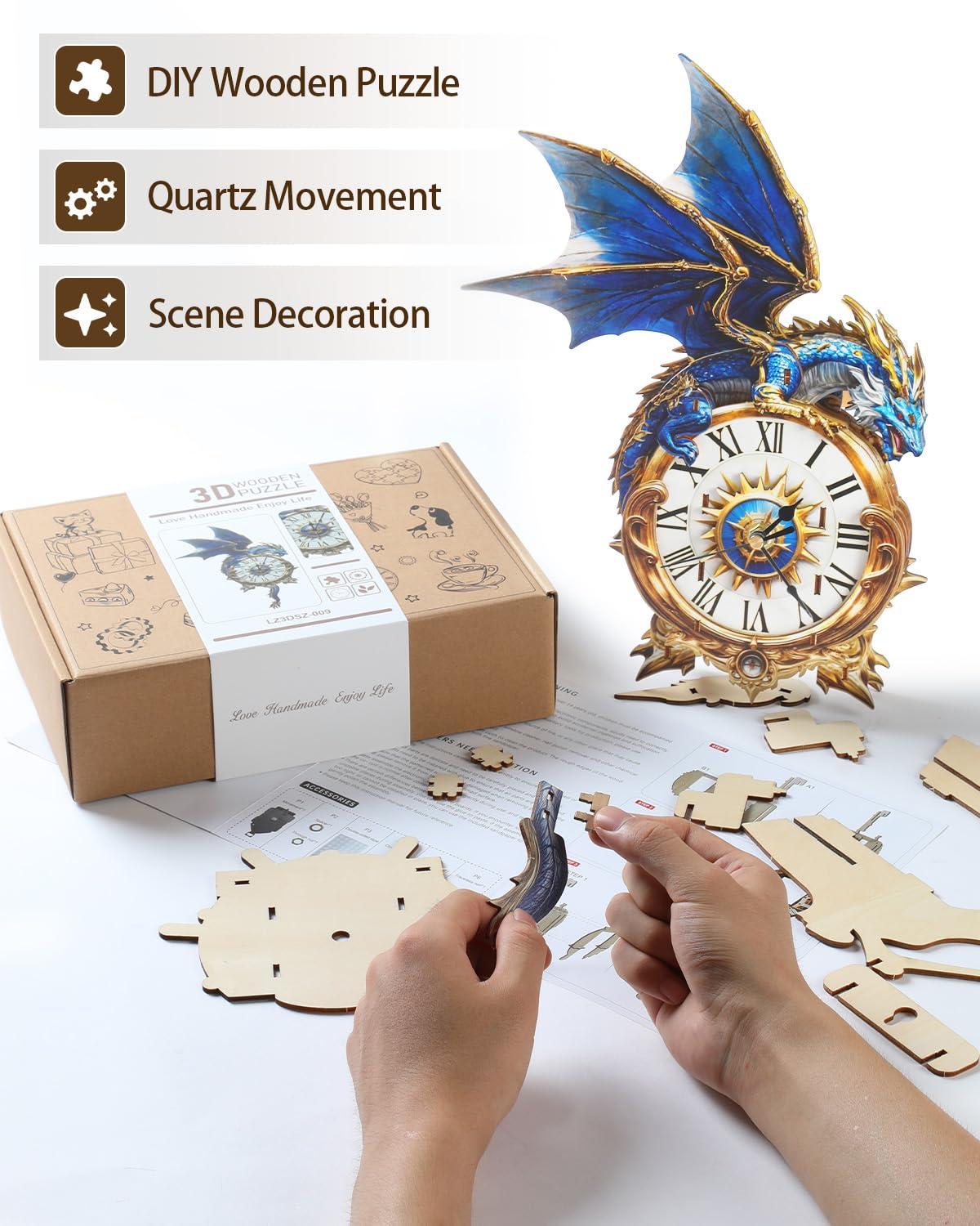 3D Wooden Puzzles for Adults, Blue Dragon Clock with Pendulum Model Kit, 3D Puzzles for Adults Room Home Decor DIY Wall Clock Kit, Holiday Birthday Christmas Day Gifts for Men Women Teens