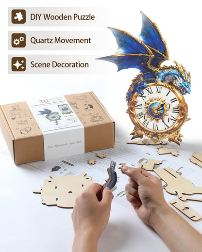 3D Wooden Puzzles for Adults, Blue Dragon Clock with Pendulum Model Kit, 3D Puzzles for Adults Room Home Decor DIY Wall Clock Kit, Holiday Birthday Christmas Day Gifts for Men Women Teens
