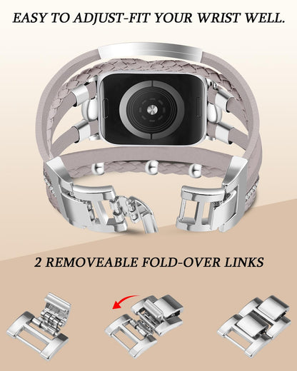 RUIXTIPAD Compatible with Apple Watch Band 46mm 44mm 45mm Women Series 11/10/9/8/7, Boho Bracelet for Apple Watch Bands 49mm, Multi Wrap Strap Leather for iWatch Bands 6 5 4 3 2 1SE - Gray