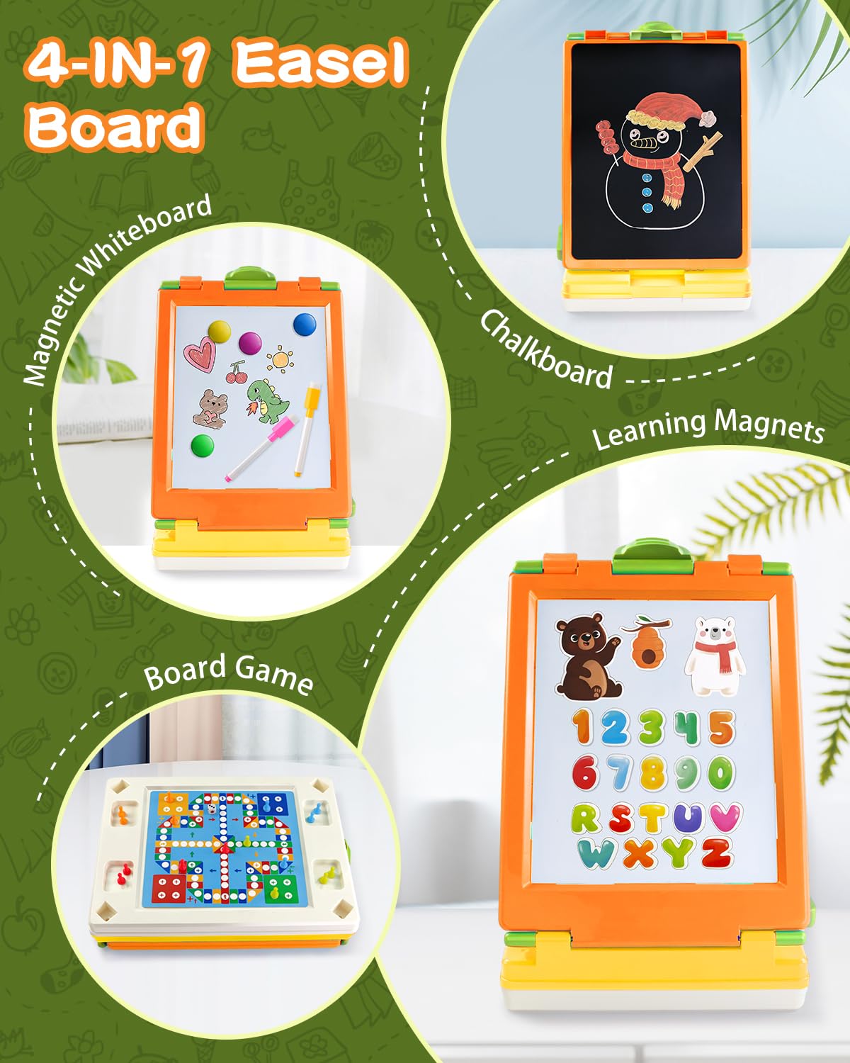 Elovien Easel for Kids, 4 in 1 Double Sided Toddler Art Easel with Chalkboard & Magnetic Whiteboard, Foldable Tabletop Easel with Drawing & Writing Accessories - Educational Gift for Boy Girl (Orange)