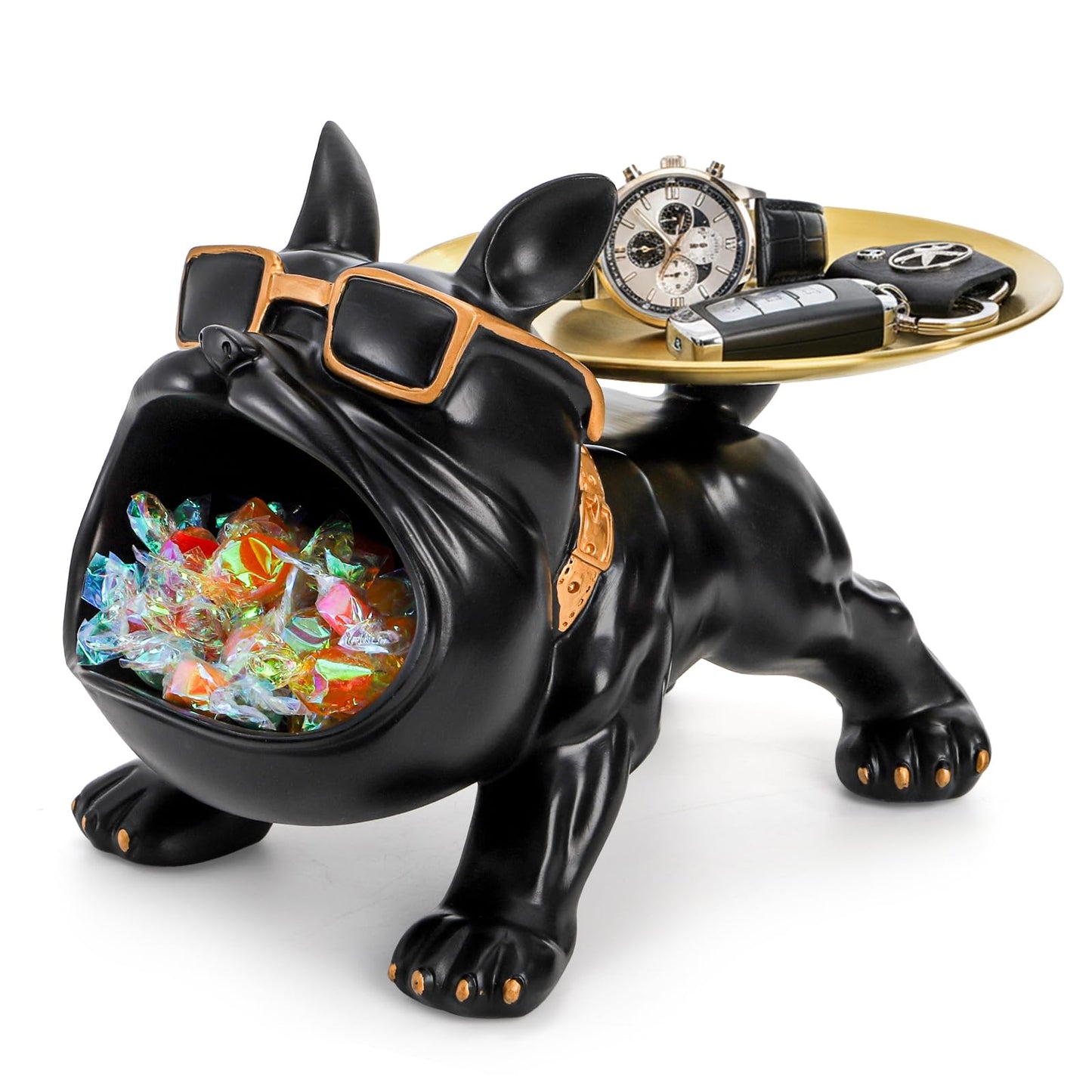 Nagpew French Bulldog Tray, Resin Bulldog Statue Candy Dish, Cool Black Key Holder Jewelry Bowl Decor for Entryway, Table, Office, Modern Art