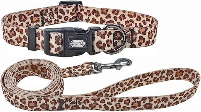 Dog Collar Leash Set, Leopard Pattern, Polyester Material, Adjustable Collar and 5ft Matching Leash, for Large Dogs.(L, Light Coffee Leopard)