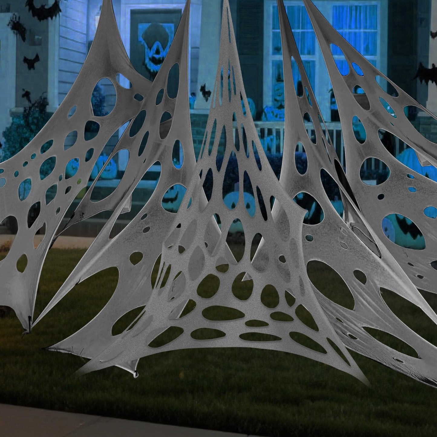 wymulot 1000 Sqft （After Streched with Holes） Grey Uncut Giant Spider Web Halloween Decorations Outdoor with 10 Ground Nails Stretchy Beef Cloth Netting DIY Flexible Elastic for Yard Party Decor