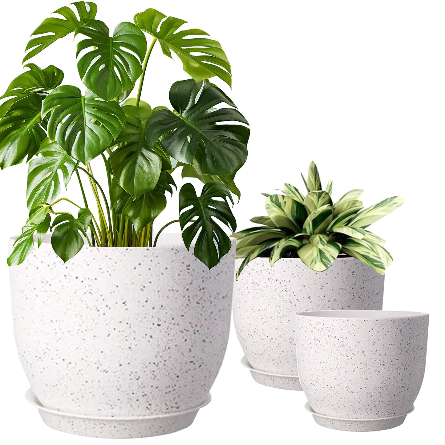 XINHUISHQZ 10/9/8 inch Plant Pots, 3 Pack Plastic Flower Pots Modern Flower Pots with Drainage Holes and Trays are for Indoor and Outdoor Plants, Herbs and Flowers,White Speckles