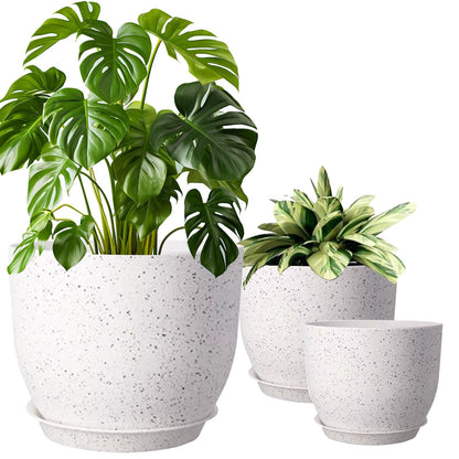XINHUISHQZ 10/9/8 inch Plant Pots, 3 Pack Plastic Flower Pots Modern Flower Pots with Drainage Holes and Trays are for Indoor and Outdoor Plants, Herbs and Flowers,White Speckles
