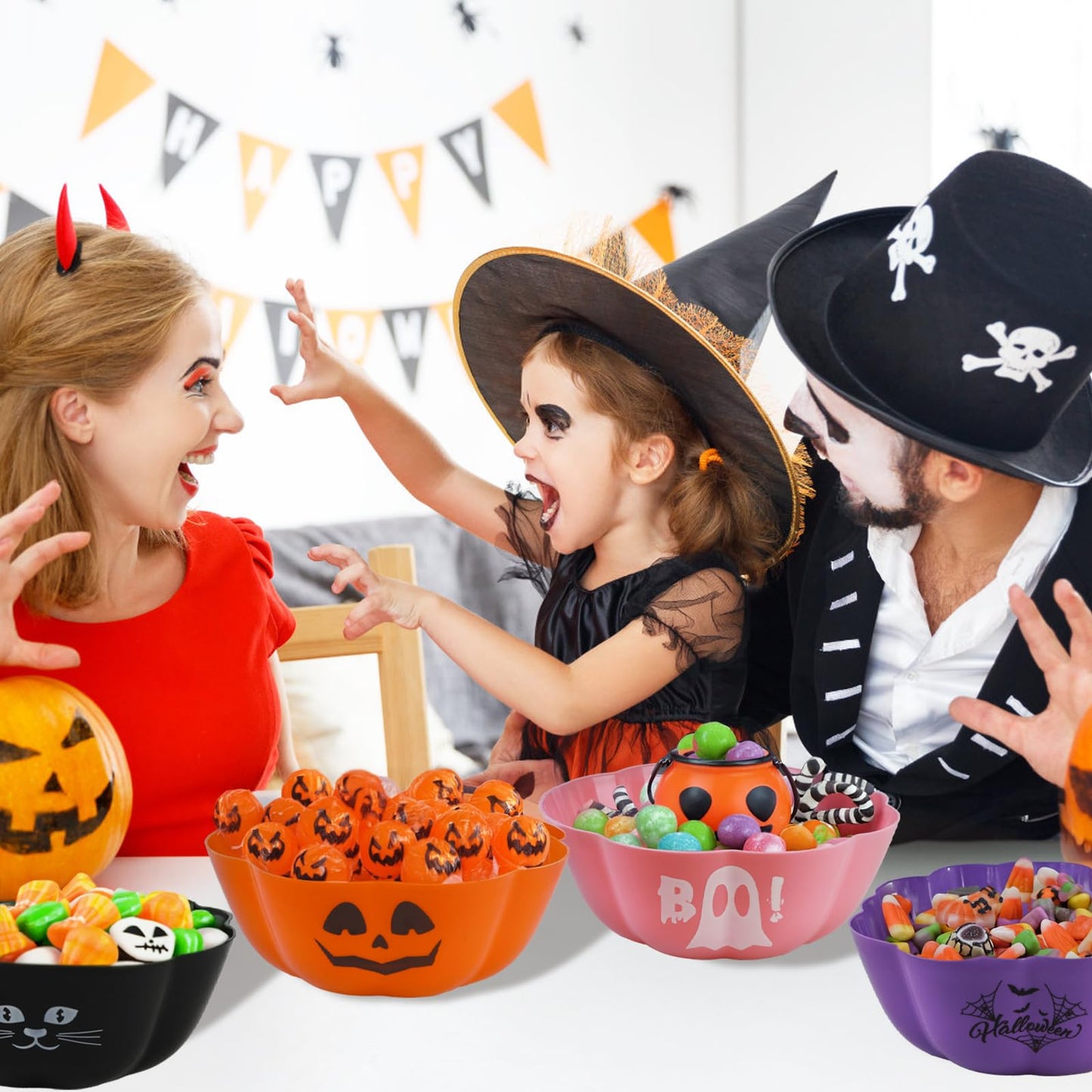 JYXCJL 4 Pcs Large halloween candy bowl Trick or Treat Candy Bowl 11.6x4.3 Inch Reusable Plastic Pumpkin Bowl for Halloween Party Decor Supplies (Pink)