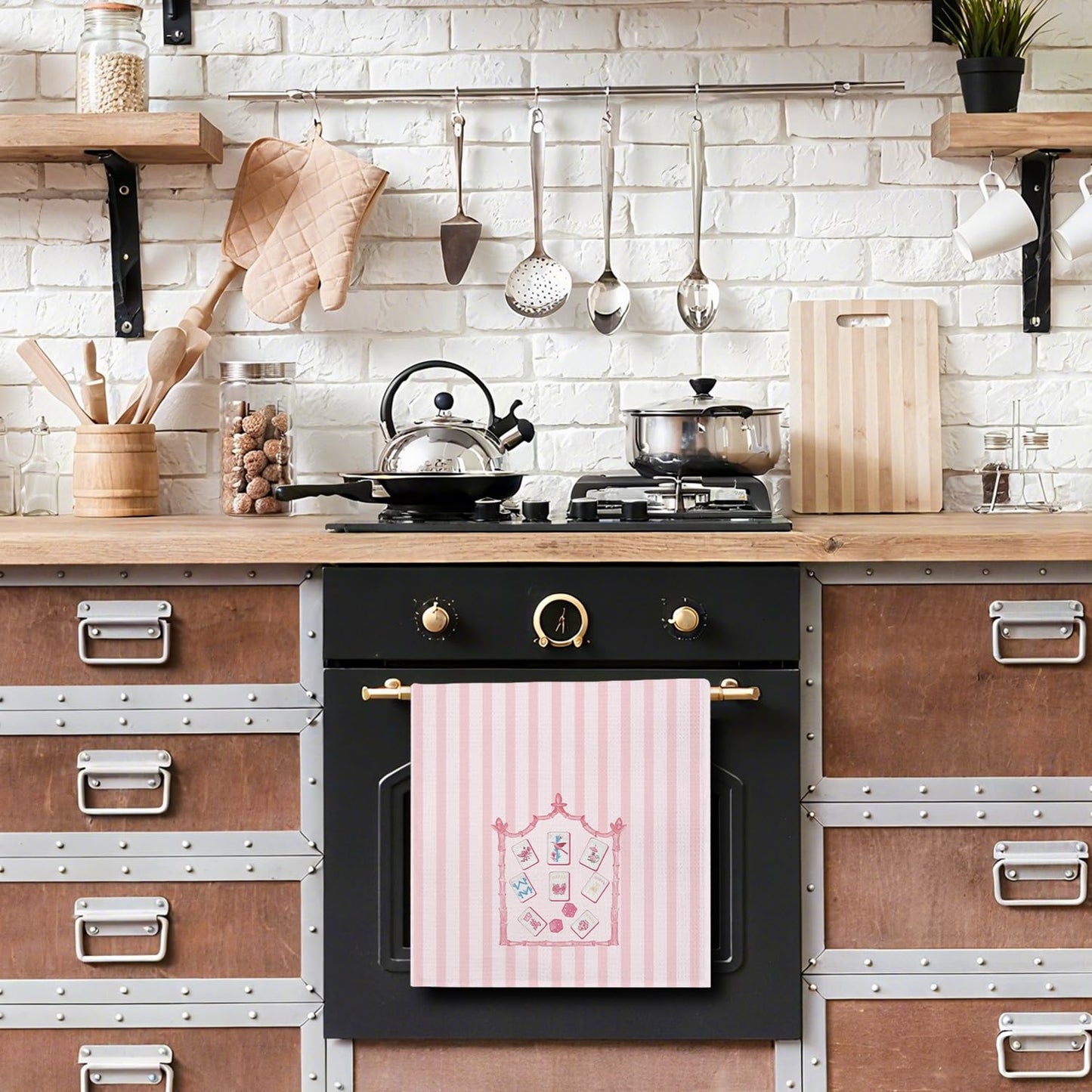 MOLYUB Pink Chinoiserie Stripe Mahjong Tile Kitchen Towels,Gifts for Mahjong Lovers,Mah Jong Decorative Waffle Hand Dish Towels,Chinoiserie Mah Jong Gifts for Women Men,16x24 Inches