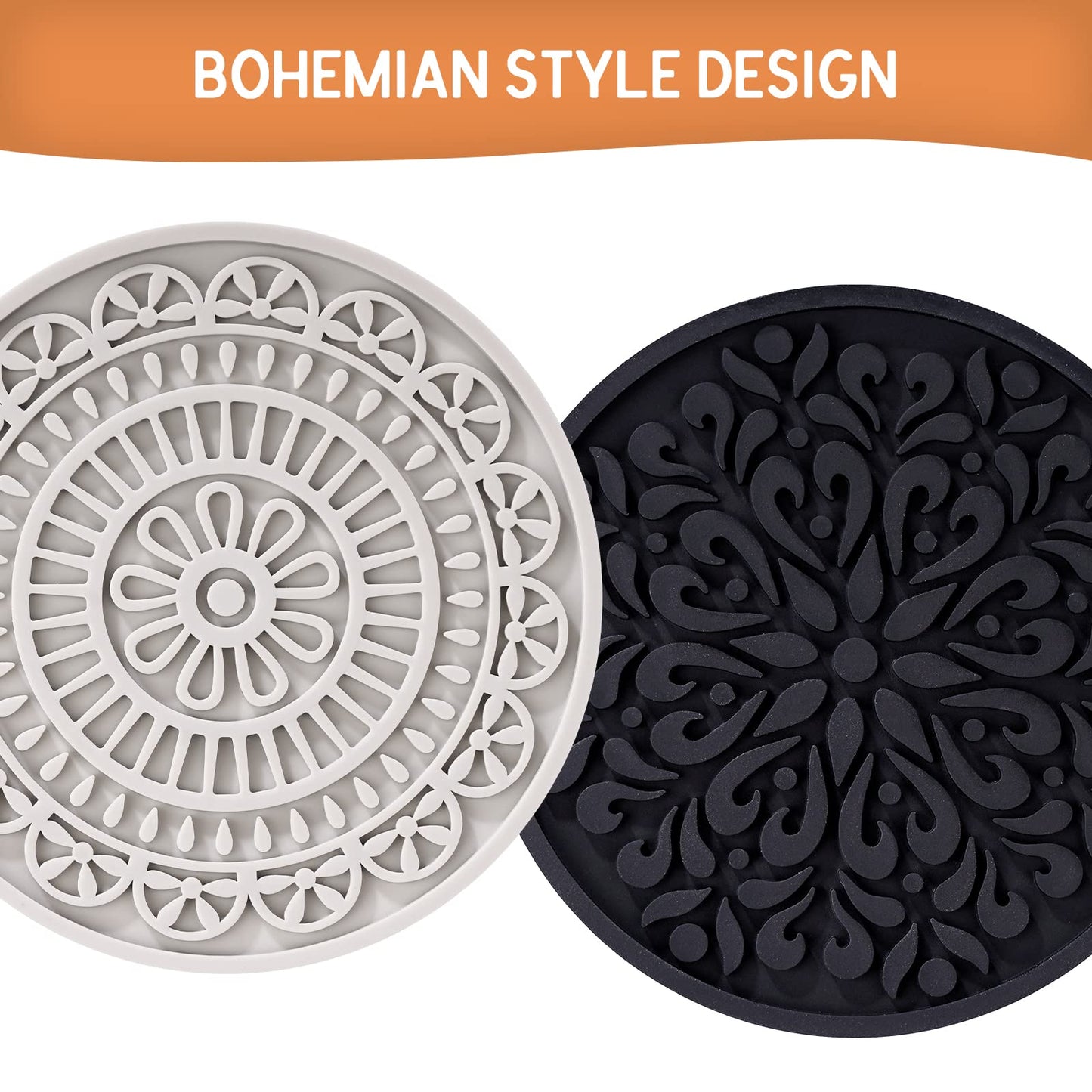 8 Pcs Boho Coasters for Drinks, Silicone Coasters with Holder, Boho Style Grooved Pattern, Tabletop Protection Coaster for Outdoor, Indoor, Coffee Table, Kitchen, Office, Bar, Heat Resistant