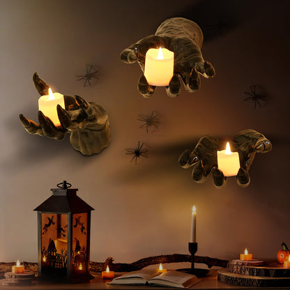 Halloween Decorations Indoor Gothic Decor: Pack of 3 Wall Mounted Creepy Reaching Hands with Lighted Candles for Gothic Wall Decorations
