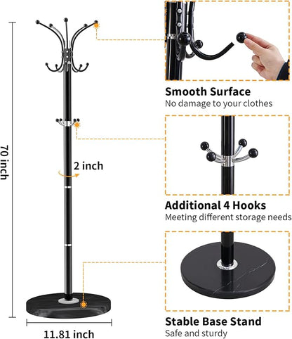 ZOZOE Metal Coat Rack Stand, Modern Coat Rack Freestanding with Natural Marble Base, 360° Rotary Design Coat Racks with 14 Hooks, Black Coat Tree Hanger Stand for Bags, Hats, Entryway, Office