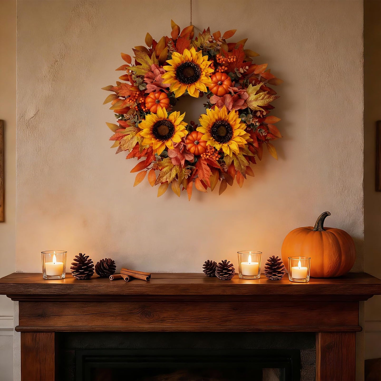 MAINGKAUNG Fall Wreath 22 Inch Fall Wreaths for Front Door with Orange Pumpkins Sunflower Berries Maple Leaf Autumn Wreath for Indoor Outdoor Thanksgiving Harvest Festival Celebrations