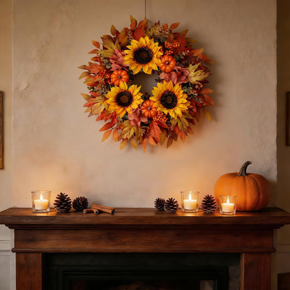 MAINGKAUNG Fall Wreath 22 Inch Fall Wreaths for Front Door with Orange Pumpkins Sunflower Berries Maple Leaf Autumn Wreath for Indoor Outdoor Thanksgiving Harvest Festival Celebrations