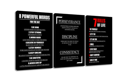 YSPCSUN Triptych Wall Decor Inspirational Posters for Office, Black White Perseverance Discipline Consistency 3 Panel Canvas Prints for Home Office Dorm, 48x24 Inch Display