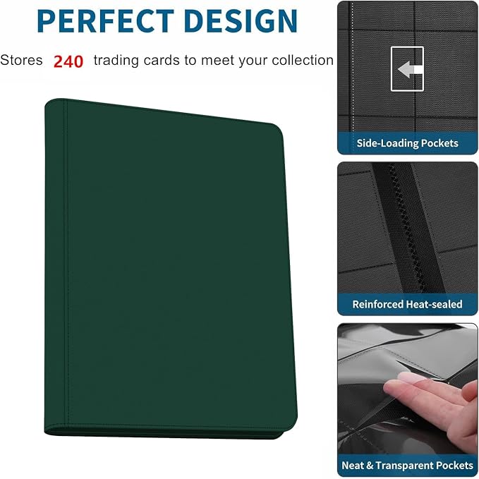 Trading Card Binder 4 Pocket, 240 Pockets Ringless PU Cover Card Collection Binder, Double Sided Card Binder Collector Album, Card Folder for MTG, TCG, Sports Cards, Game Card (Green, 4Pockets)