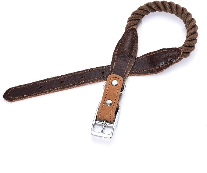 Mile High Life Genuine Leather Dog Collar, Durable Braided Cotton Rope Collar with Metal Pin Buckle for Small Medium Large Dogs (Dark Brown, L Neck 17"-21")