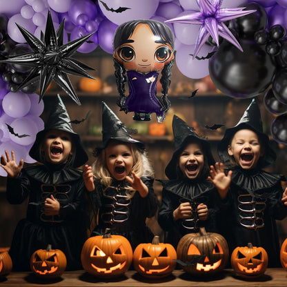 143pc Purple And Black Balloon Arch Kit Gothic Balloon Garland Paper Bats Starburst Foil Balloons For Vampirina Goth Birthday Decorations，Spooky Celebrations, Halloween, And Character-Themed Parties