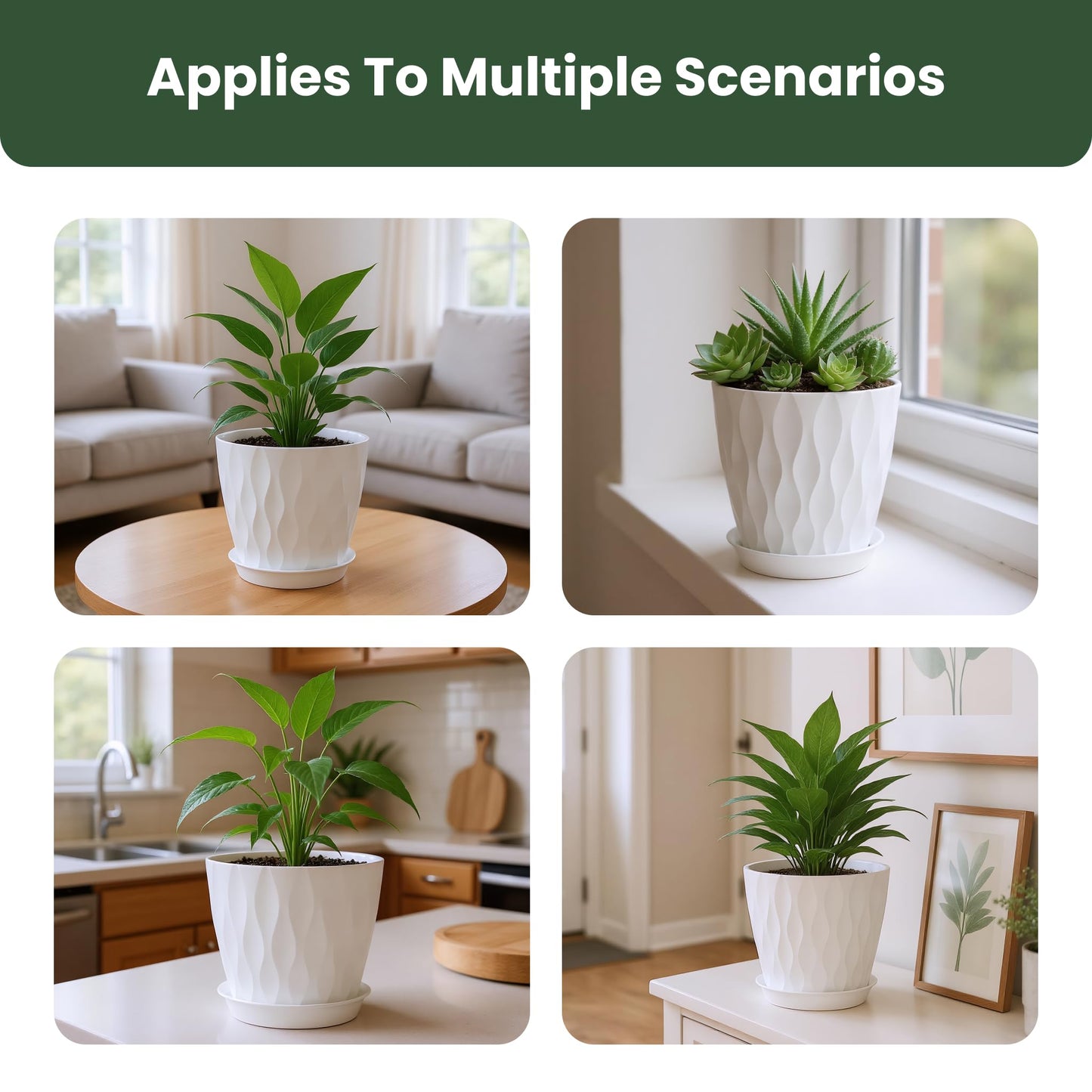 LESOASIS Flower Pots, 7/6.5/6/5.5/5/4.5/4 inch Plastic Plant Pots, 7 Pack Planter for Indoor Outdoor Plants, Nursery Planting Pot with Drainage Holes and Trays (White)