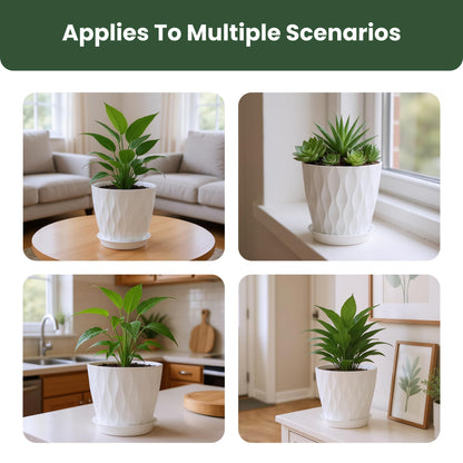 LESOASIS Flower Pots, 7/6.5/6/5.5/5/4.5/4 inch Plastic Plant Pots, 7 Pack Planter for Indoor Outdoor Plants, Nursery Planting Pot with Drainage Holes and Trays (White)