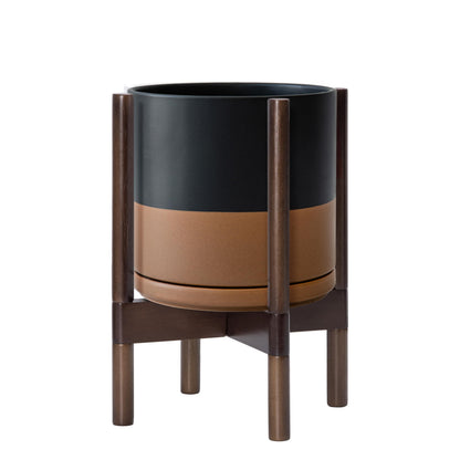 D'vine Dev Ceramic Planter with Walnut Color Stand - 10 Inch Modern Round Flower Pot with Wood Planter Holder, Black/Speckled Tan, 55-B-X-7
