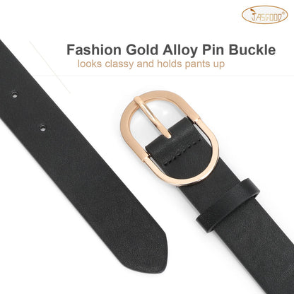 JASGOOD 3 Pack Women’s Leather Belts for Jeans Pants Fashion Ladies Belt with Gold Buckle D-Black+Brown+Beige