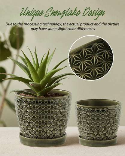 Swkien Plant Pots, Flower Pots, Planters for Indoor Plants(6.5+5.5inch), Flower Pots for Indoor Plant with Drainage Hole and Saucer, Ceramic Pots for Plants with Hole Mesh Pad,Reactive Glaze Green