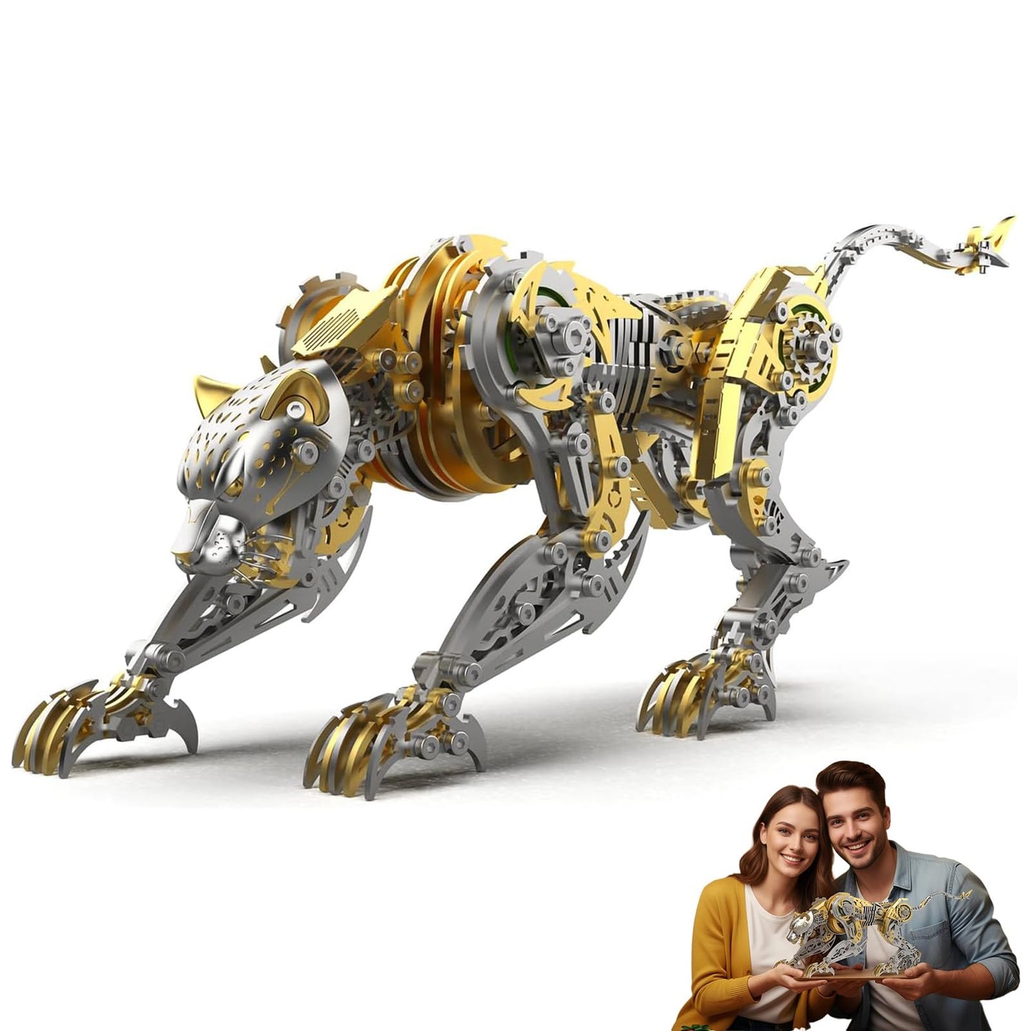 Leopard 3D Metal Puzzles for Adults, 506PCS Stainless Steel DIY Mechanical Metal Model Kits, No Glue Assembly with Movable Joints, Challenging Metal Building Kit Desk Decor Gift(Gold-Leopard)