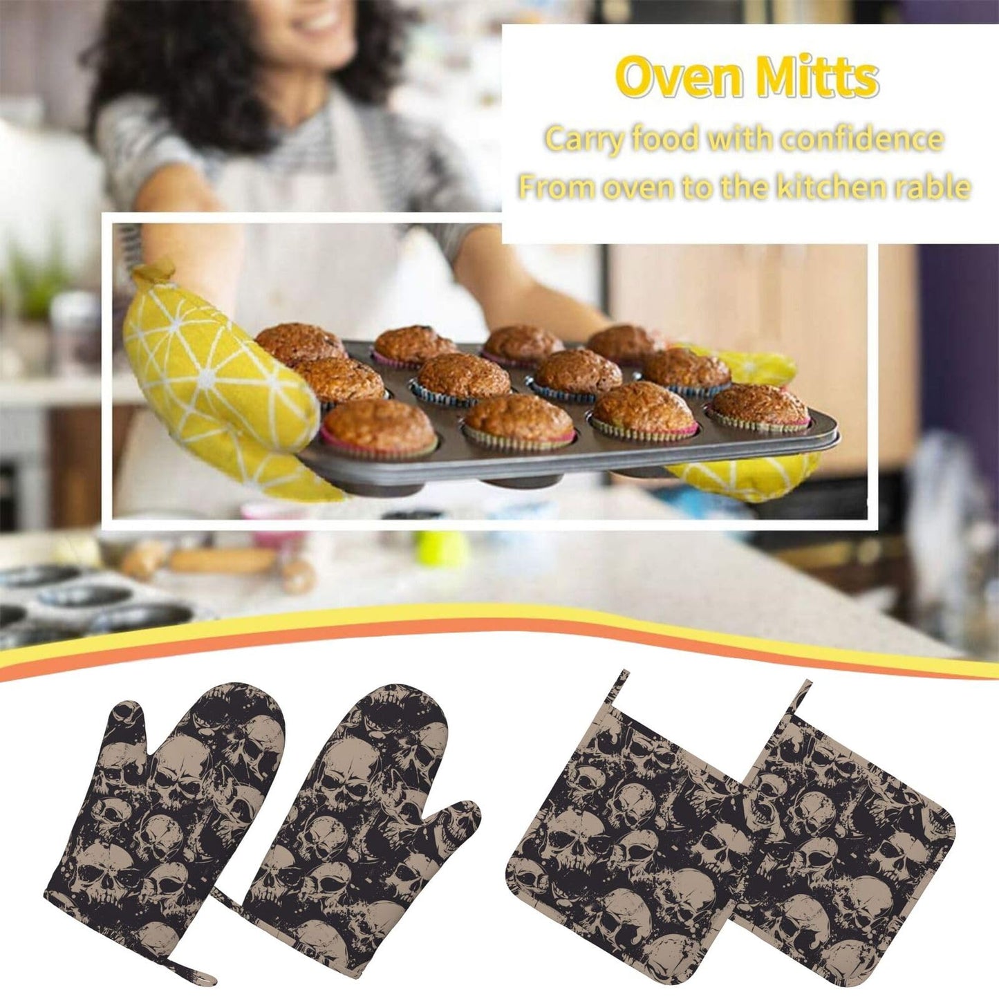 Grunge Horror Scary Skull Oven Mitts and Pot Holders Set of 4 Silicone Heat Resistant Oven Mitten Potholders Non Slip Gloves Kitchen Decor for BBQ Cooking Grilling Baking