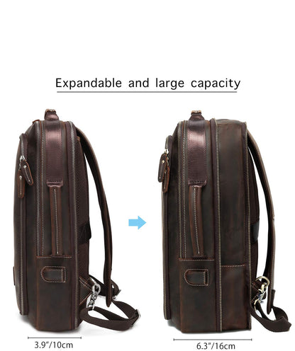 LANNSYNE Men's Full Grain Leather Expandable 15.6 Laptop Backpack Tote Shoulder Travel Bag Rucksack