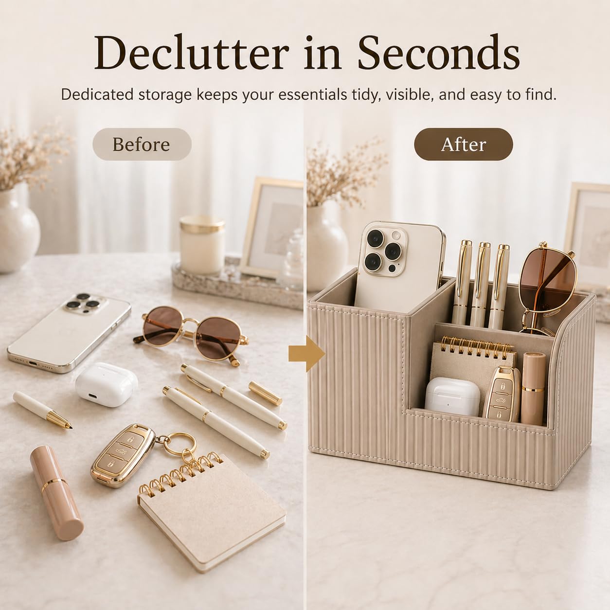 KINGFOM Desk Pen Organizer Office Supplies Caddy Pu Leather Multi-function Storage Box Pen/Pencil,Cell phone, Business Name Cards Remote Control Holder (Mocha Beige)