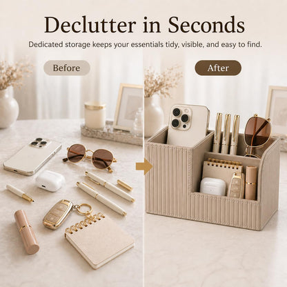 KINGFOM Desk Pen Organizer Office Supplies Caddy Pu Leather Multi-function Storage Box Pen/Pencil,Cell phone, Business Name Cards Remote Control Holder (Mocha Beige)