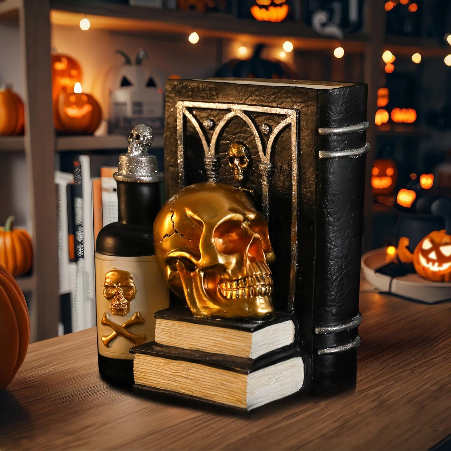 WONDER GARDEN Halloween Decorations Indoor Resin Halloween Skull Heads with Books Statue Head Sculptures Table Sign Decor for Party Home