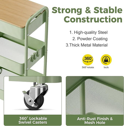 3 Tier Rolling Cart with Table top, Metal Rolling Utility Cart, Sturdy Storage Organizer Cart with Locking Wheels & Hooks for Office, Classroom, Kitchen and Bathroom