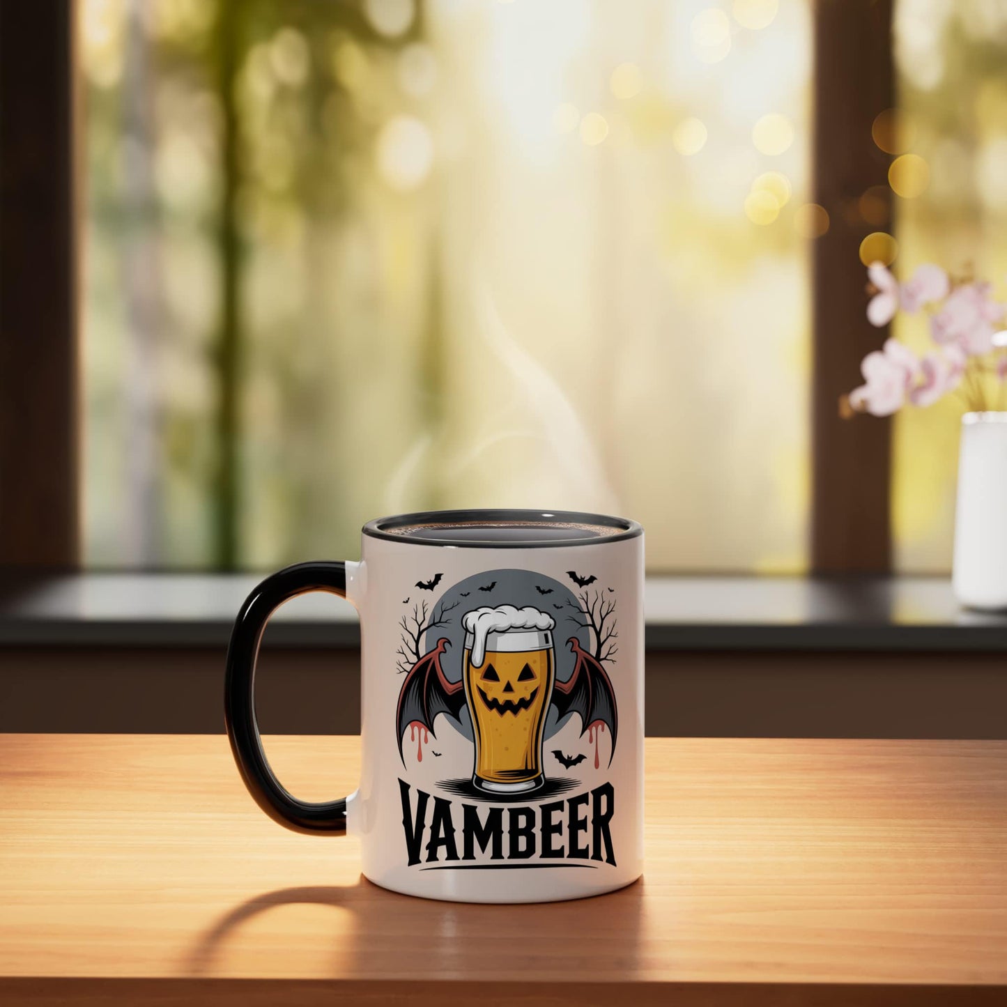 Vambeer Halloween Vampire Beer Pumpkin Bat Theme Ceramic Mug, Black/White