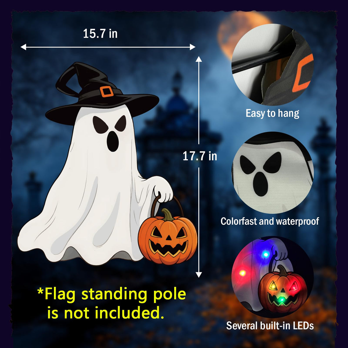 GOAUS Halloween Garden Flag Solar Lighted, Witch Ghost Decorations Outdoor, Double Sided Oxford Decorative Flag for Lawn Yard Outside Decor, 12x18 Inches