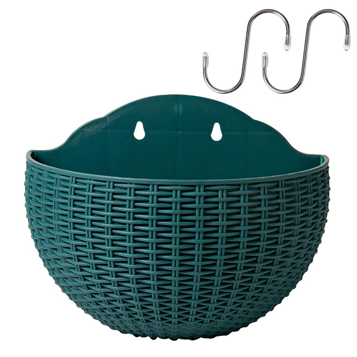 Hanging Planter Pot, Wall and Railing Hanging Planters with S Hooks, Half Round Imitation Rattan European Style Wall Flowerpot Rustic Decorative Flower Basket for Home Balcony(#26*20.5cm Dark green)